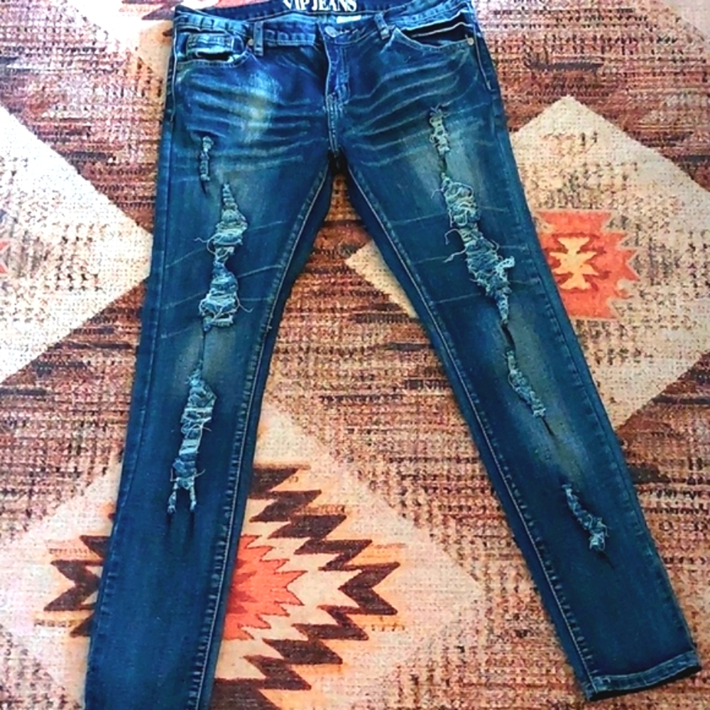VIP   Straight Leg Jeans - Distressed Blue Sz 11/12
